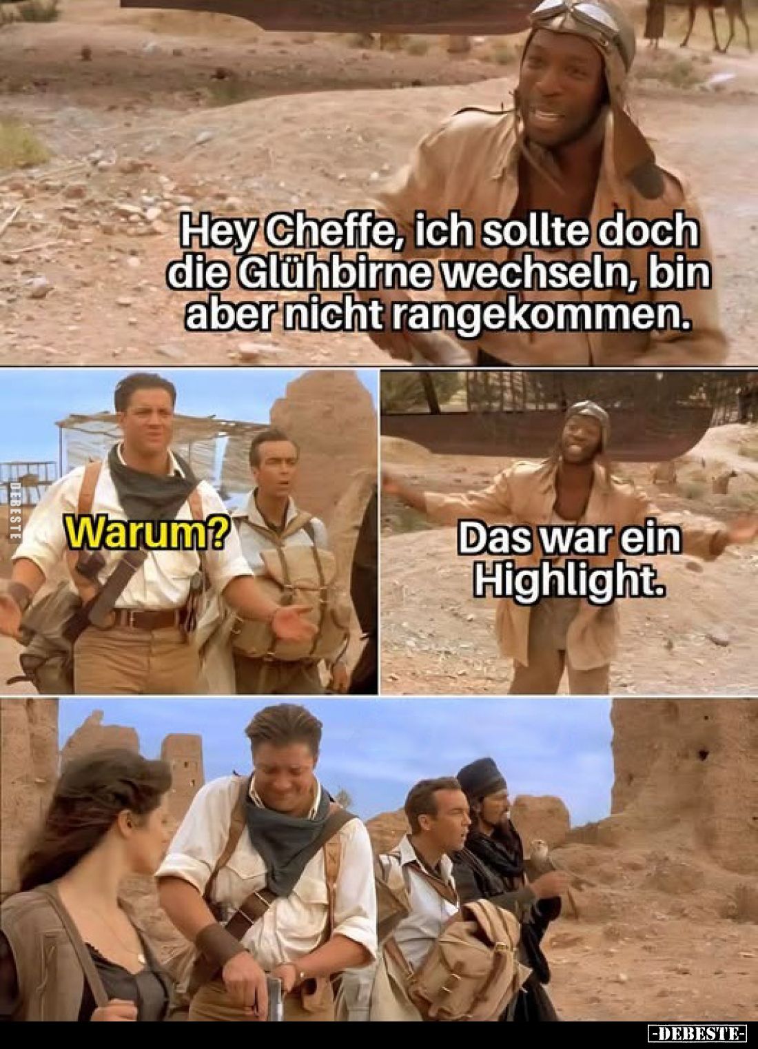 Hey Cheffe, ich sollte doch die Glühbirne wechseln, bin aber nicht rangekommen.
Warum?
Das war ein Highlight.