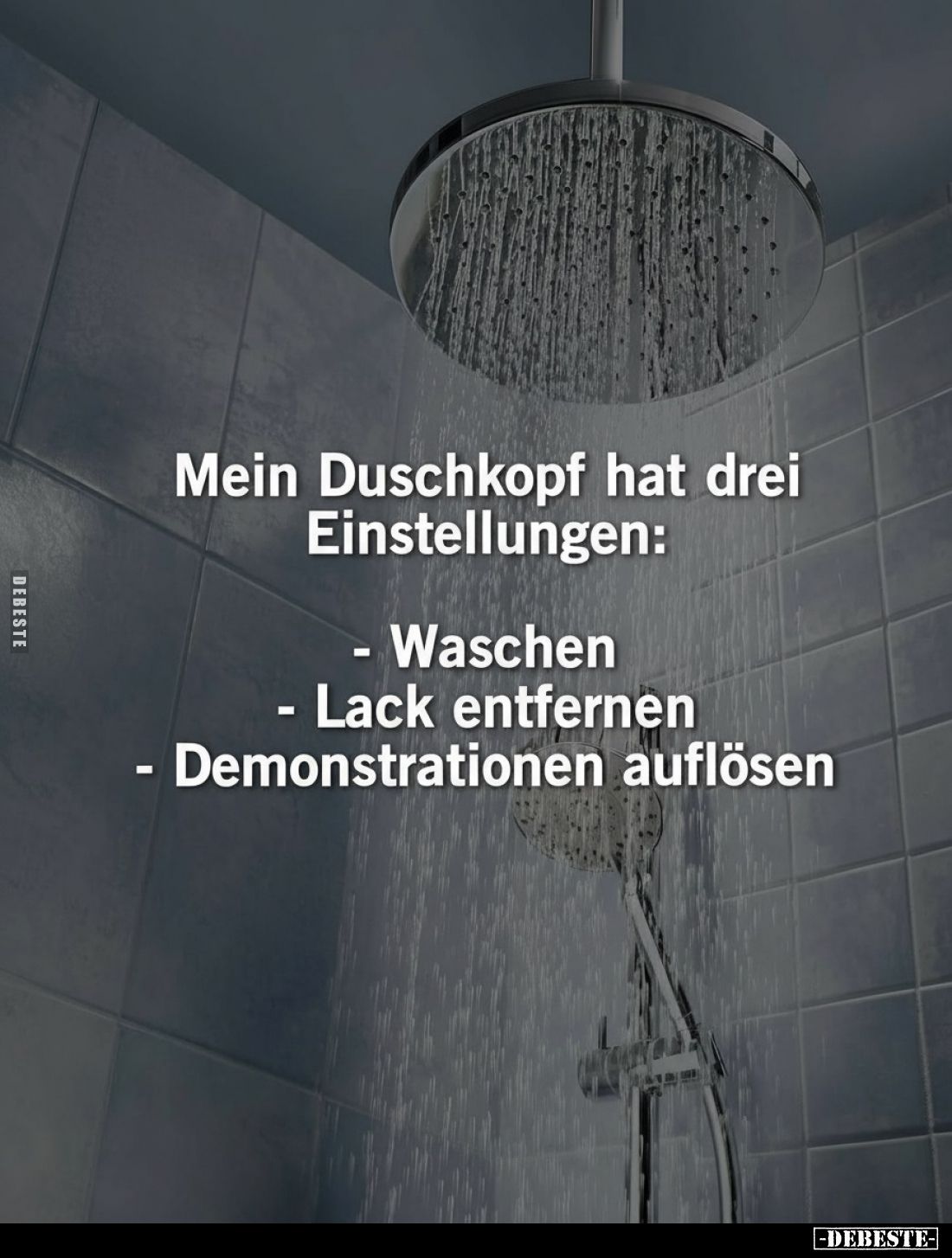 Mein Duschkopf hat drei Einstellungen: - Waschen - Lack entfernen - Demonstrationen auflösen