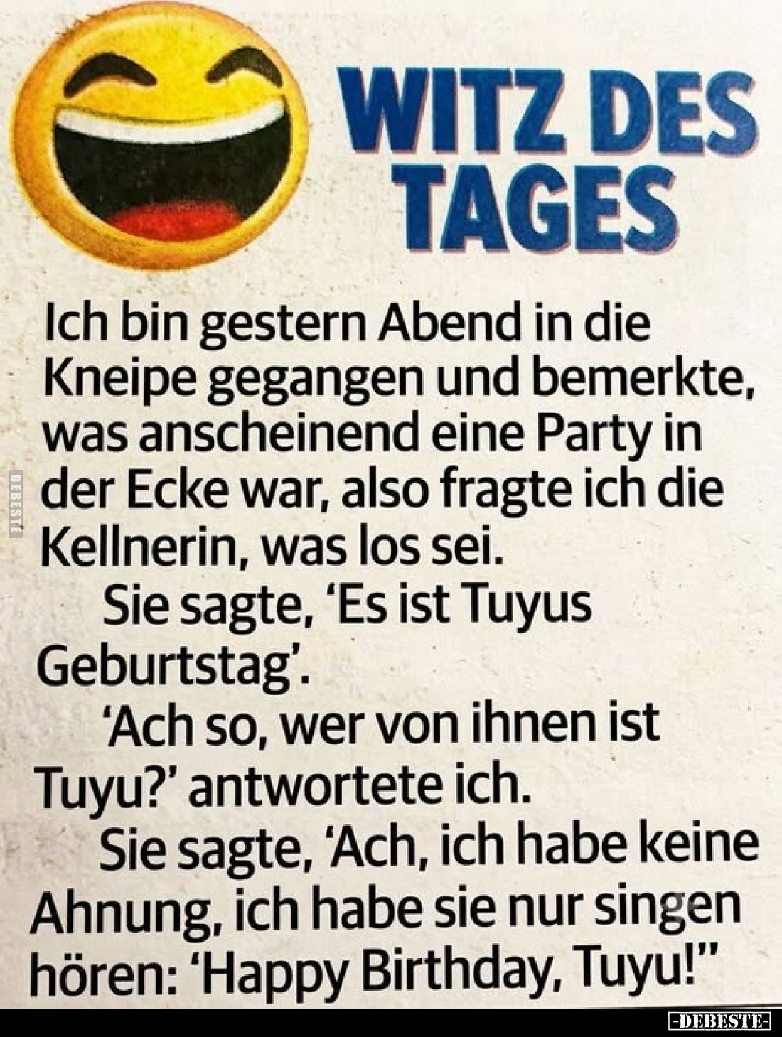 Witz des Tages
-
Ich bin gestern Abend in die Kneipe gegangen und bemerkte, was anscheinend eine Party in der Ecke war, als...