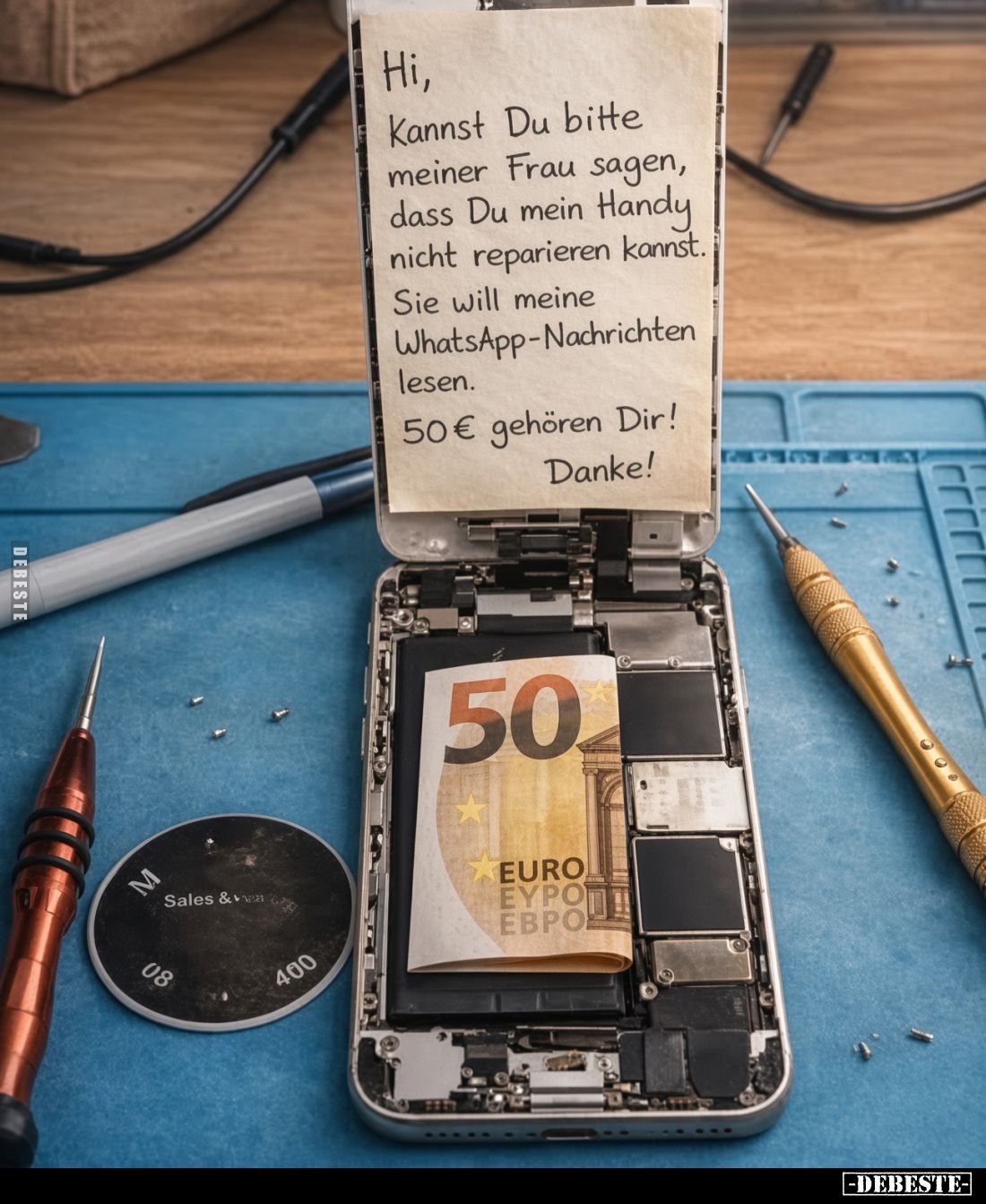Hi, Kannst Du bitte meiner Frau sagen, dass Du mein Handy nicht reparieren kannst. Sie will meine WhatsApp-Nachrichten lesen....