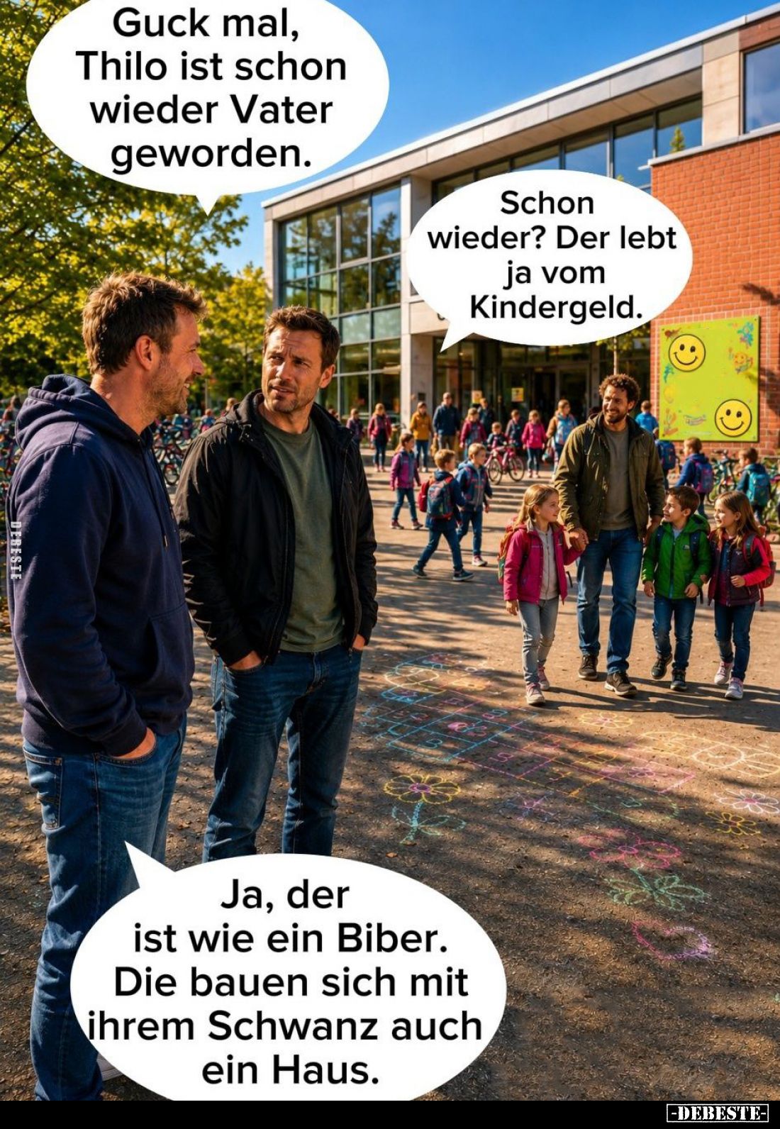 Guck mal, Thilo ist schon wieder Vater geworden. -
Schon wieder? Der lebt ja vom Kindergeld. -
Ja, der ist wie ein Biber. D...