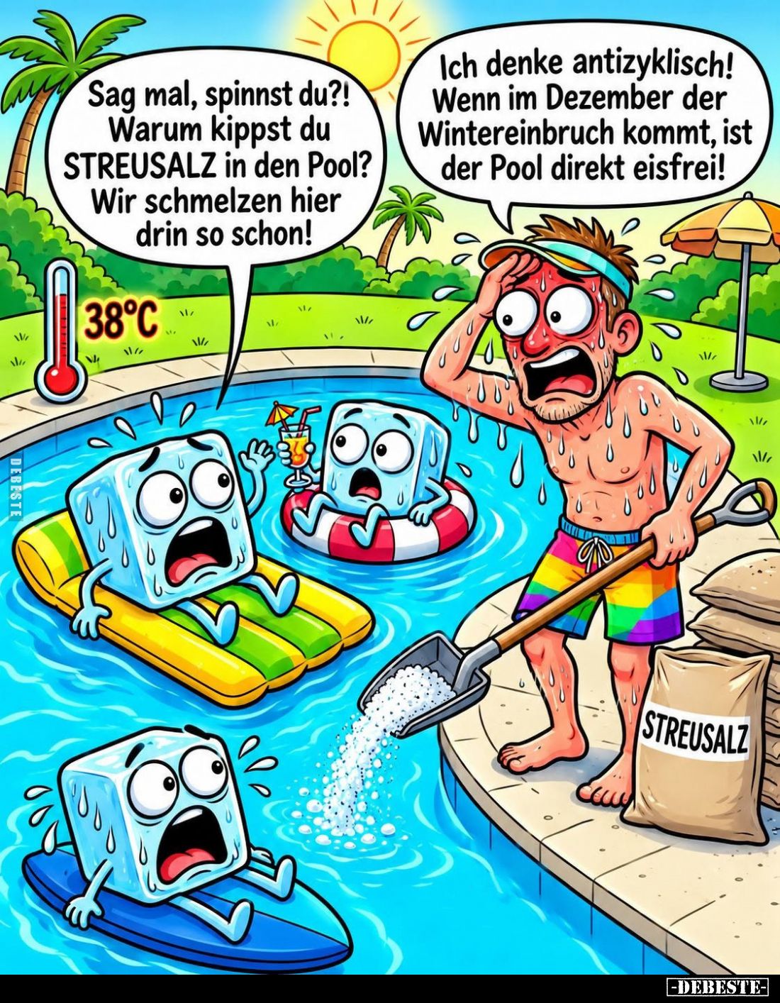 Sag mal, spinnst du?! Warum kippst du Streusalz in den Pool? Wir schmelzen hier drin so schon! -
Ich denke antizyklisch! Wen...
