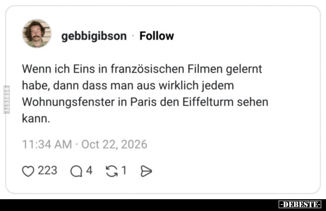 Wenn ich Eins in französischen Filmen gelernt habe, dann dass man aus wirklich jedem Wohnungsfenster in Paris den Eiffelturm ...