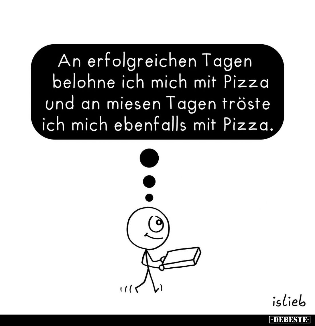 An erfolgreichen Tagen belohne ich mich mit Pizza und an miesen Tagen tröste ich mich ebenfalls mit Pizza.