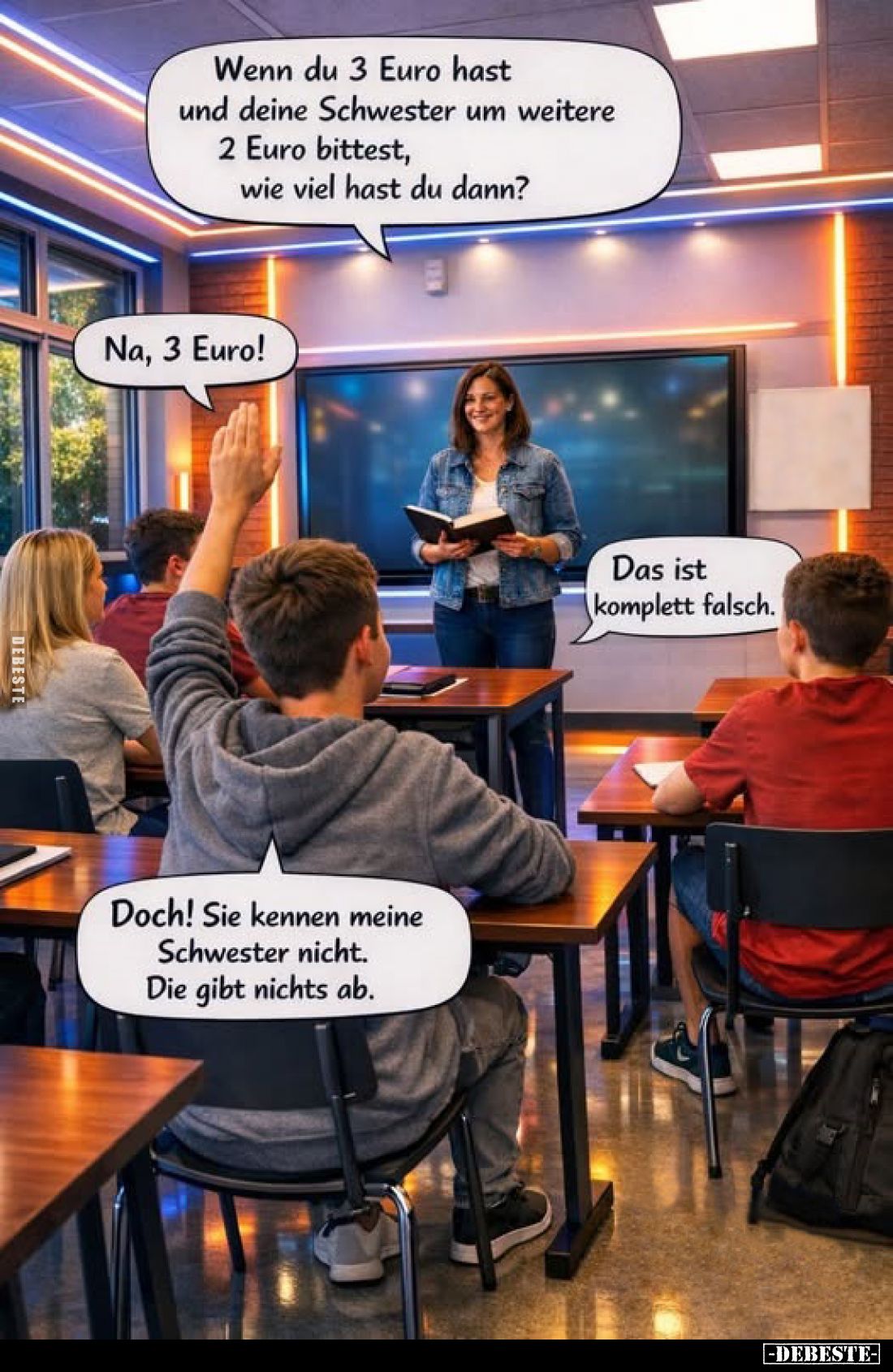 Wenn du 3 Euro hast und deine Schwester um weitere 2 Euro bittest, wie viel hast du dann?
Na, 3 Euro!

Das ist komplett fa...