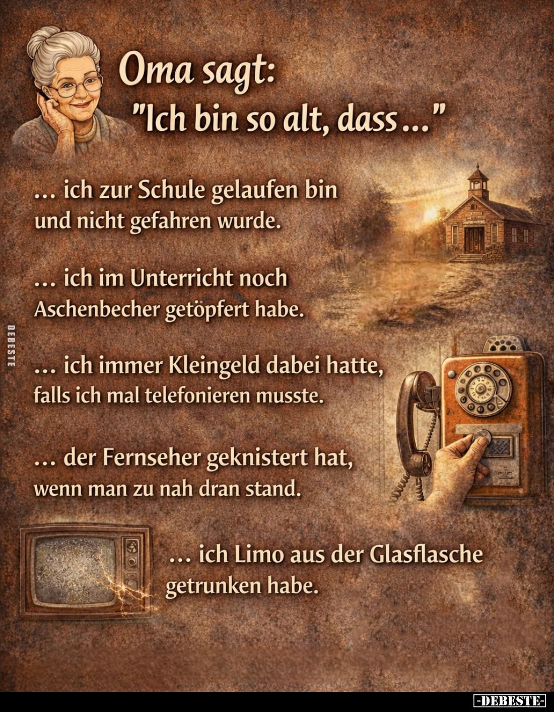 Oma sagt: "Ich bin so alt, dass..."
... ich zur Schule gelaufen bin und nicht gefahren wurde.
... ich im Unterric...