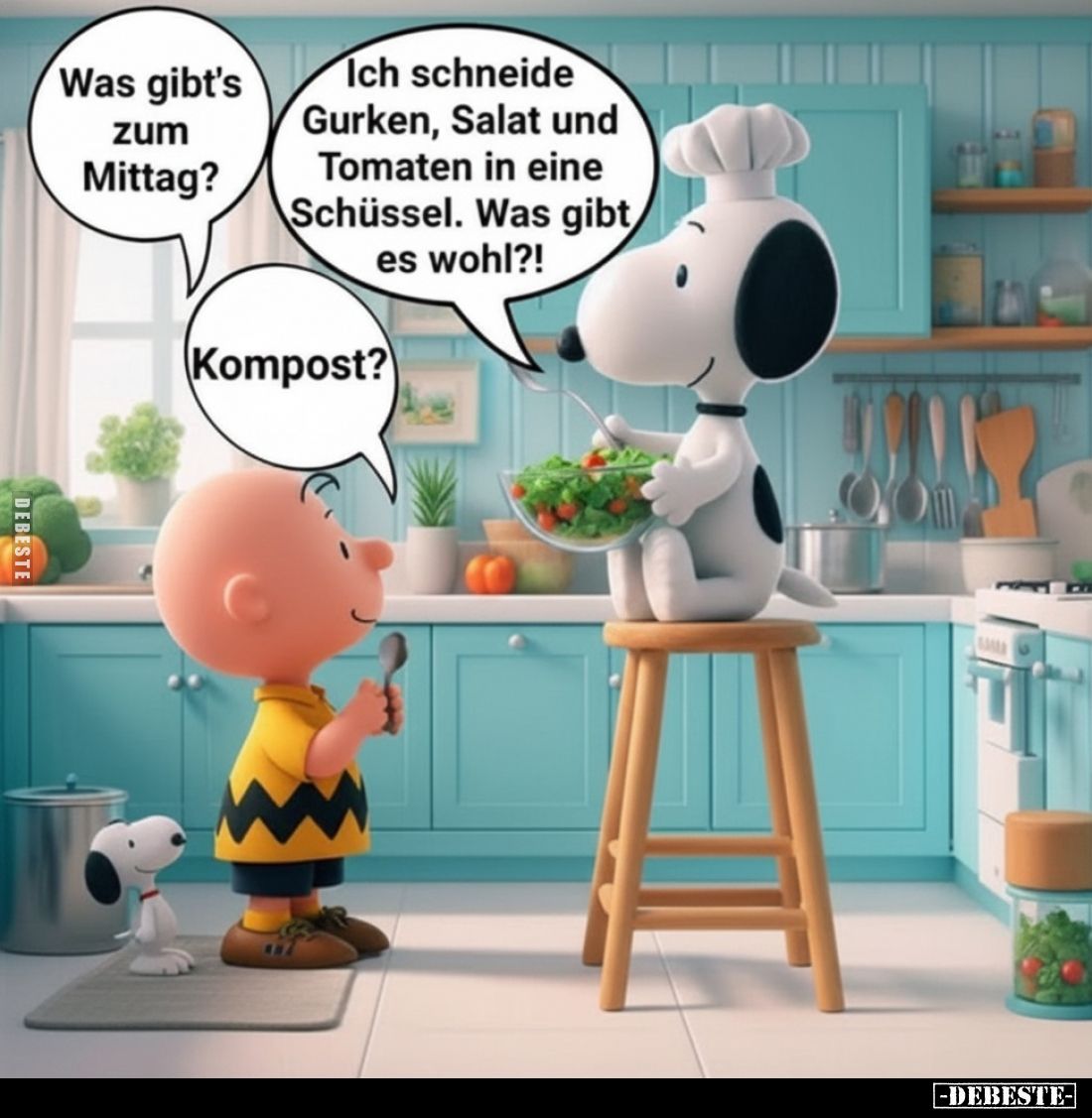 Was gibt's zum Mittag?
-
Ich schneide Gurken, Salat und Tomaten in eine Schüssel. Was gibt es wohl?!
-
Kompost?