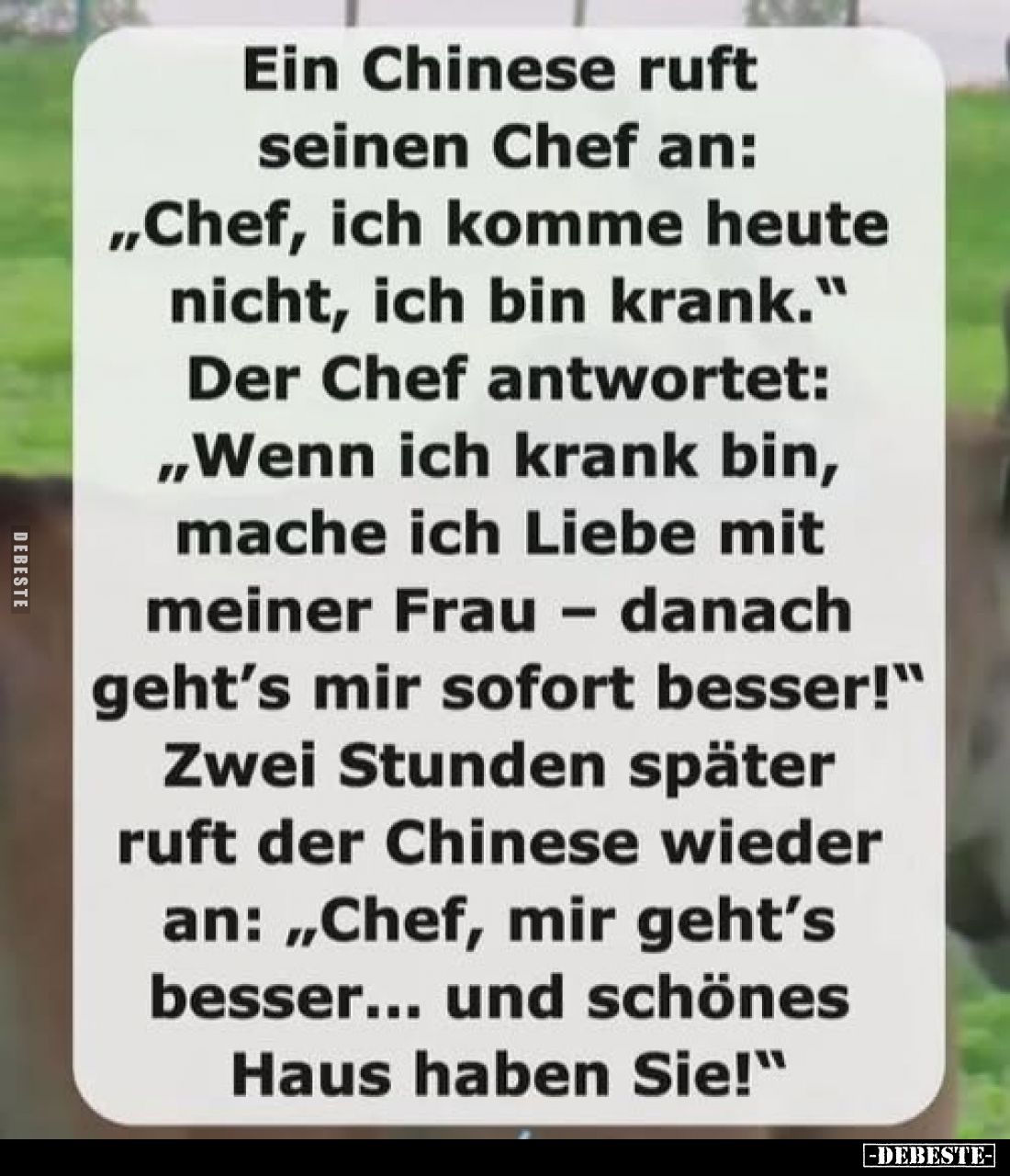 Ein Chinese ruft seinen Chef an: „Chef, ich komme heute nicht, ich bin krank." Der Chef antwortet: „Wenn ich krank bin, ...