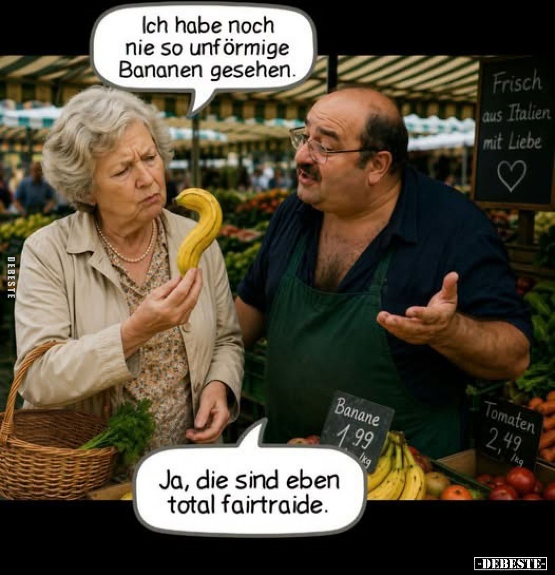 Ich habe noch nie so unförmige Bananen gesehen.
-
Ja, die sind eben total fairtraide.