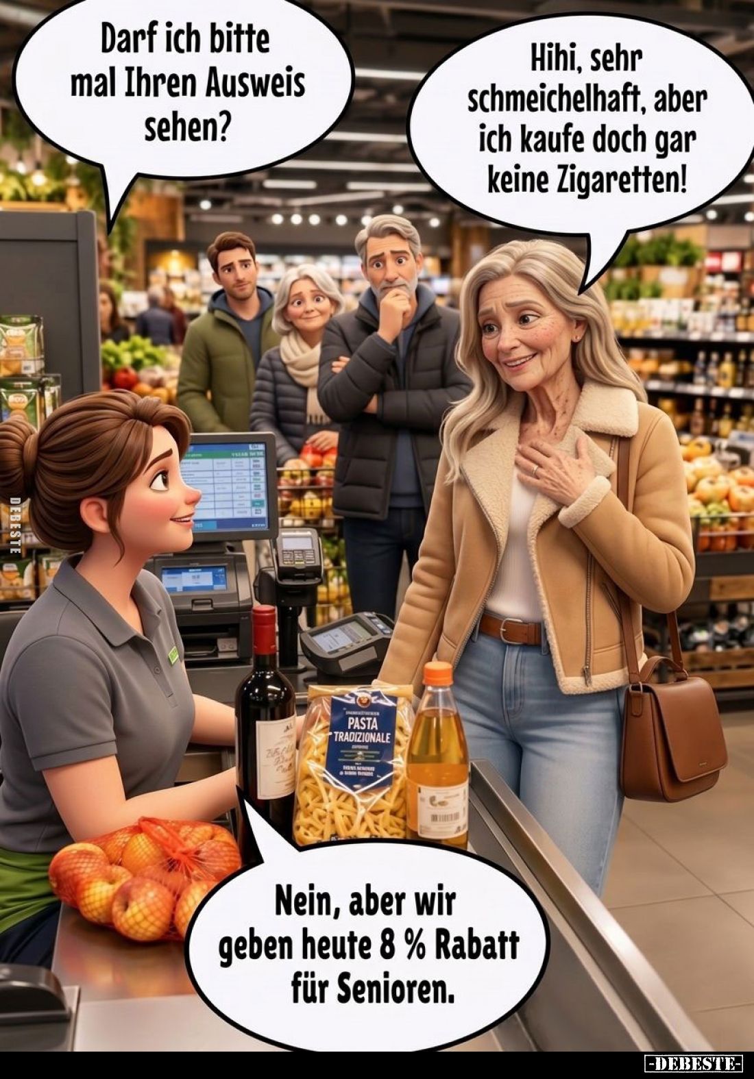 Darf ich bitte mal Ihren Ausweis sehen? -
Hihi, sehr schmeichelhaft, aber ich kaufe doch gar keine Zigaretten! -
Nein, aber...