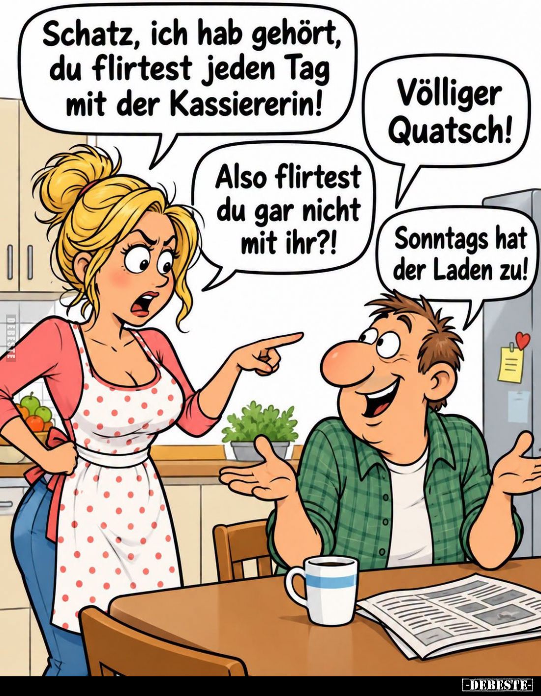 Schatz, ich hab gehört, du flirtest jeden Tag mit der Kassiererin!
-
Völliger Quatsch!
-
Also flirtest du gar nicht mit i...
