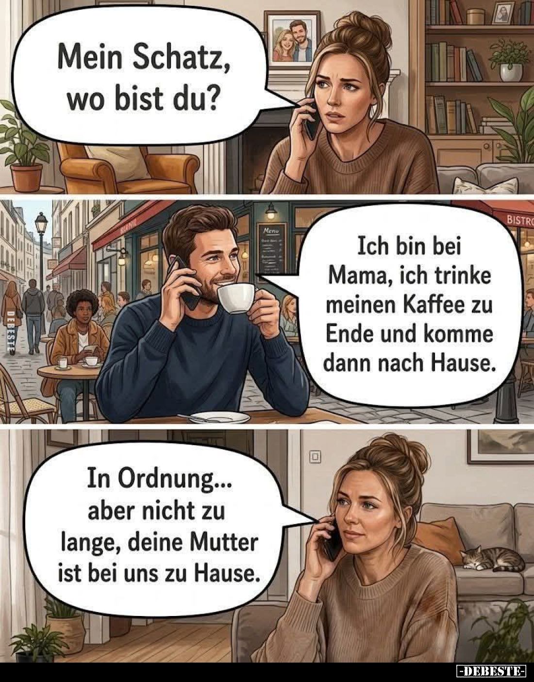 Mein Schatz, wo bist du?
-
Ich bin bei Mama, ich trinke meinen Kaffee zu Ende und komme dann nach Hause. -
In Ordnung... a...