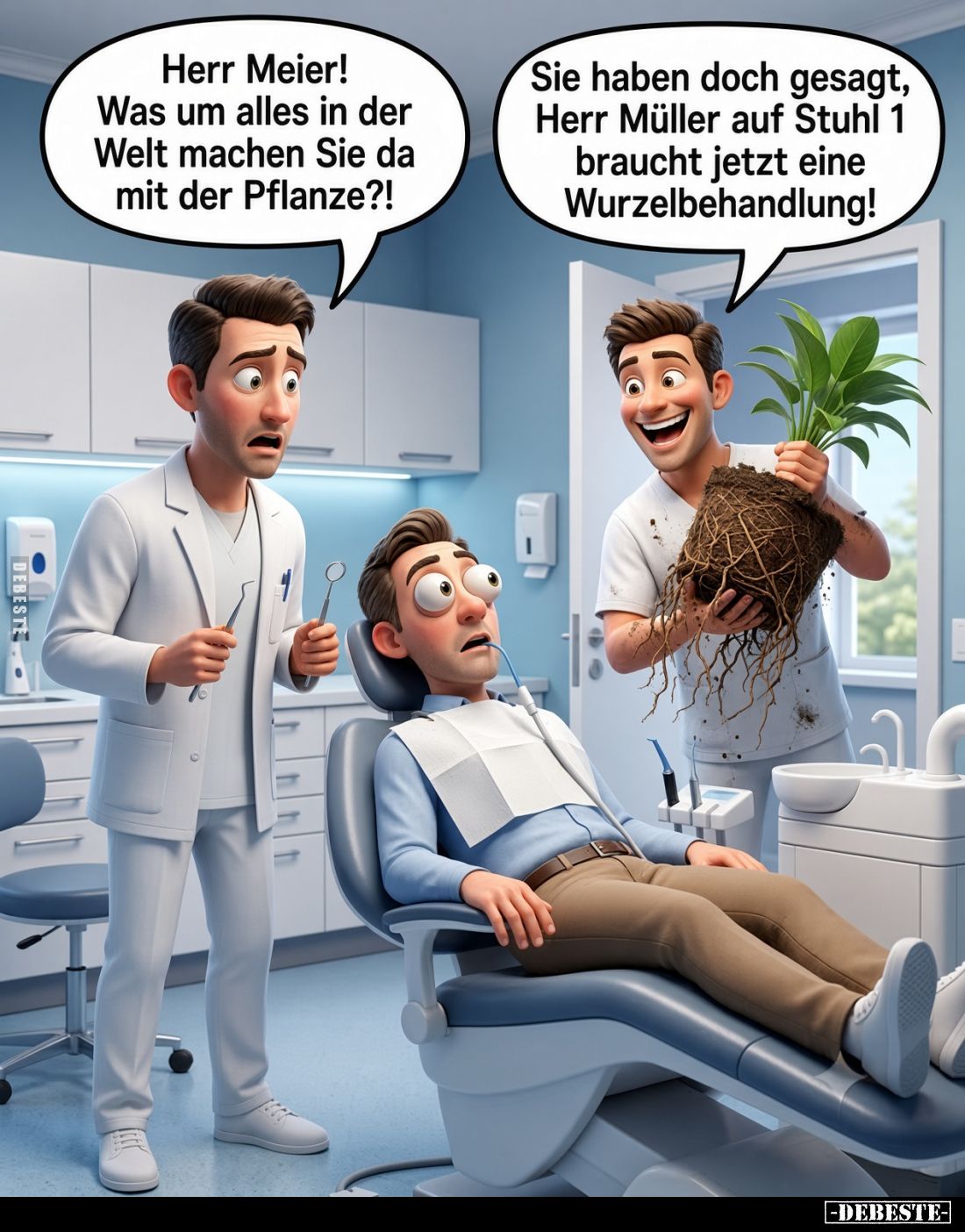 Herr Meier! Was um alles in der Welt machen Sie da mit der Pflanze?! Sie haben doch gesagt, Herr Müller auf Stuhl 1 braucht j...
