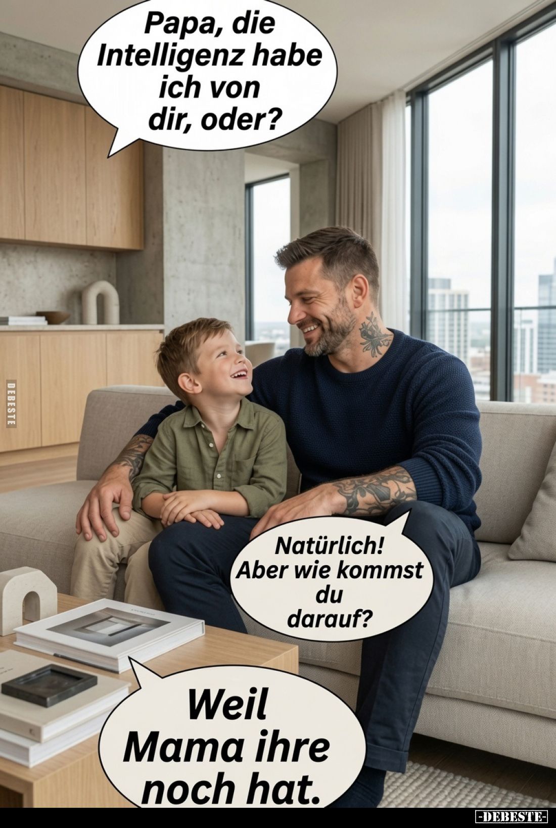 Papa, die Intelligenz habe ich von dir, oder?

Natürlich!? Aber wie kommst du darauf?

Weil Mama ihre noch hat.