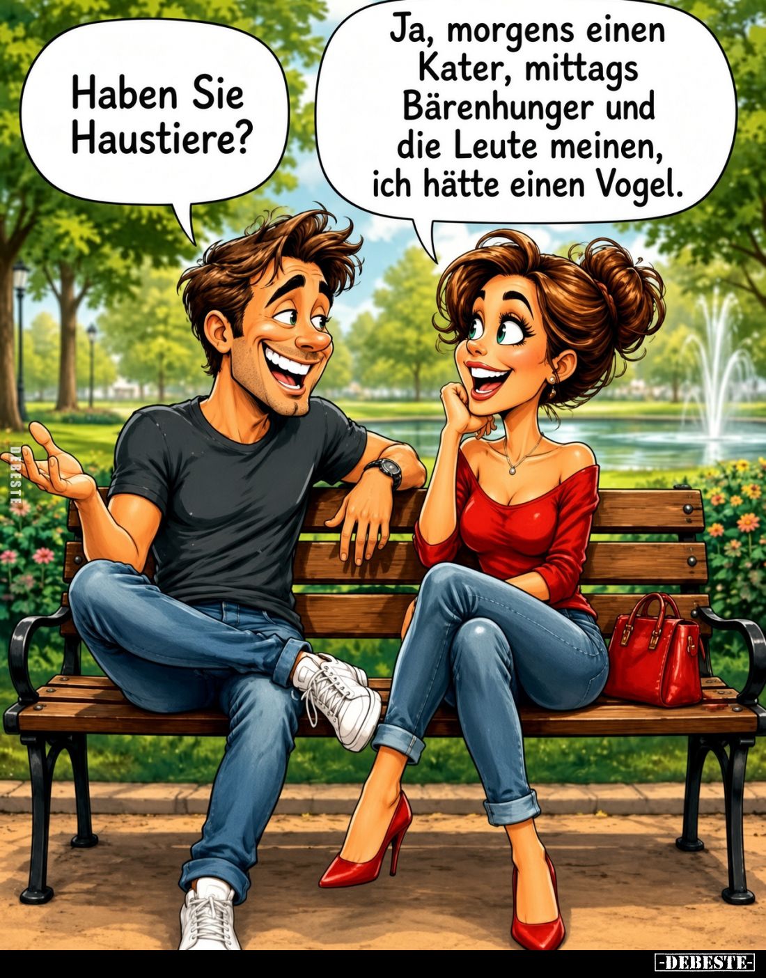 Haben Sie Haustiere?
Ja, morgens einen Kater, mittags Bärenhunger und die Leute meinen, ich hätte einen Vogel.