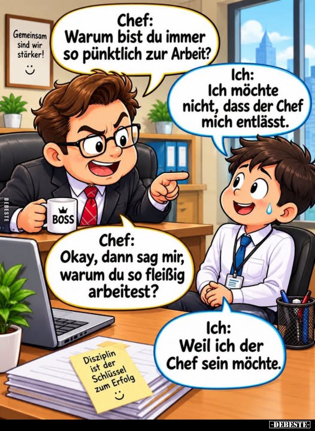 Chef: Warum bist du immer so pünktlich zur Arbeit?  -
Ich: Ich möchte nicht, dass der Chef mich entlässt.
-
Chef: Okay, da...
