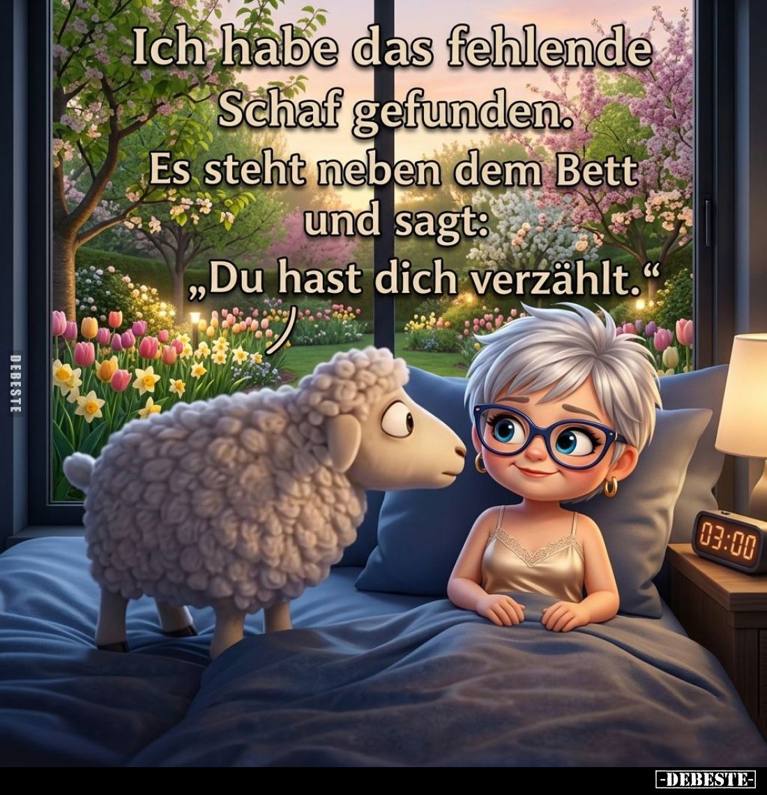 Ich habe das fehlende
Schaf gefunden. -
Es steht neben dem Bett und sagt:
"Du hast dich verzählt."