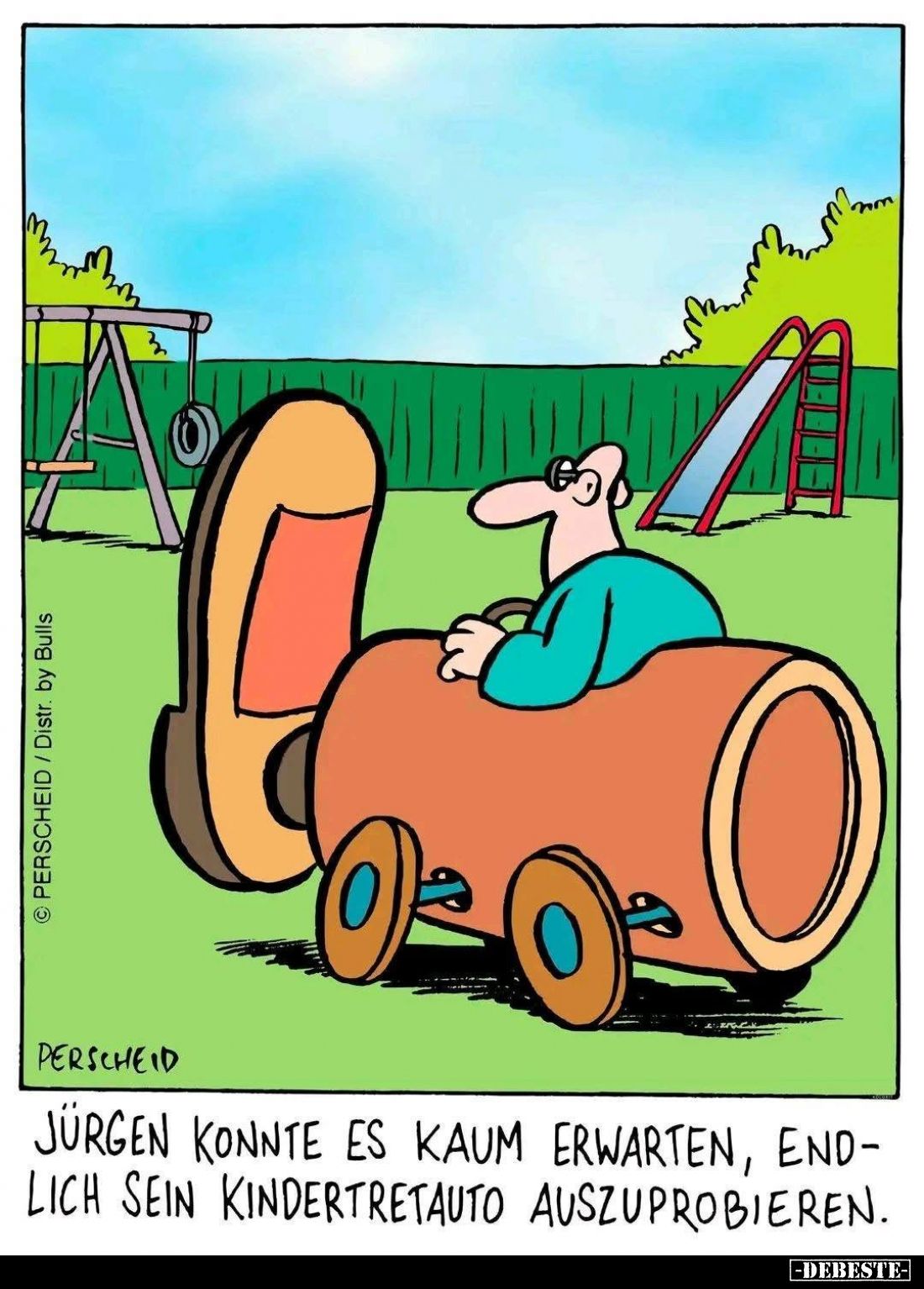 Jürgen konnte es kaum erwarten, endlich sein Kindertretauto auszuprobieren.