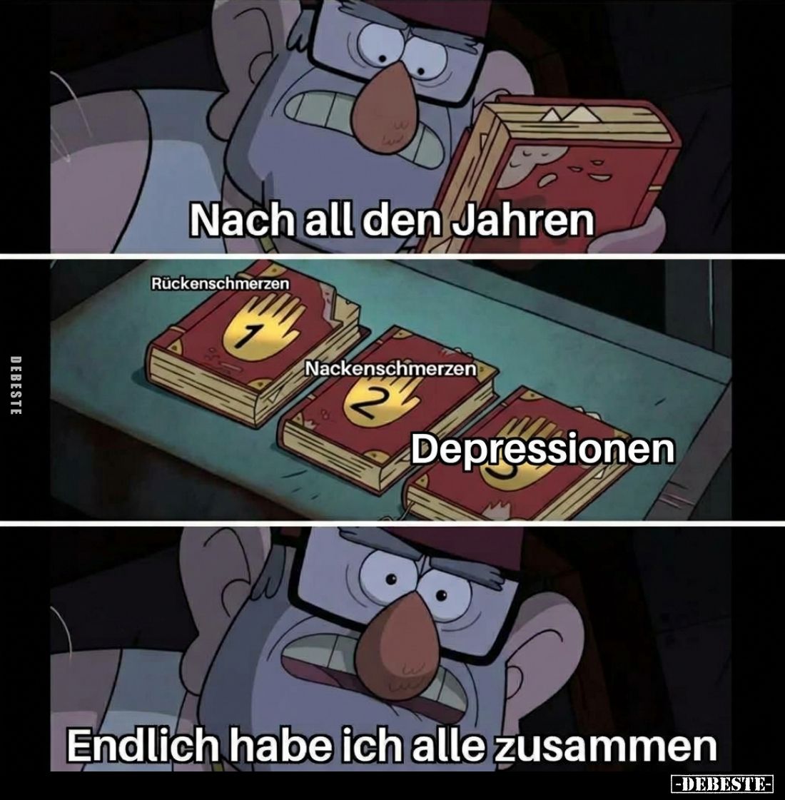 Nach all den Jahren
 - 
Rückenschmerzen
 - 
Nackenschmerzen
 - 
Depressionen
 - 
Endlich habe ich alle zusammen