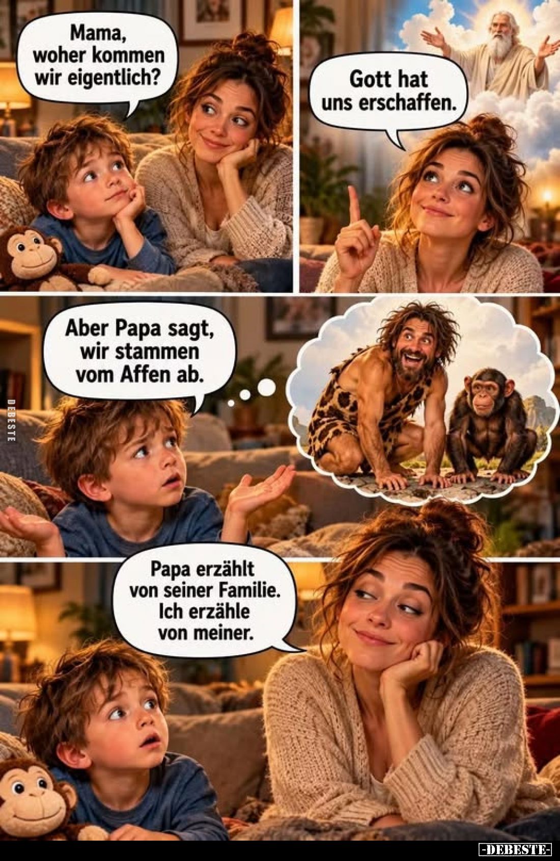Mama, woher kommen wir eigentlich?
-
Gott hat uns erschaffen.
-
Aber Papa sagt, wir stammen vom Affen ab.
-
Papa erzähl...