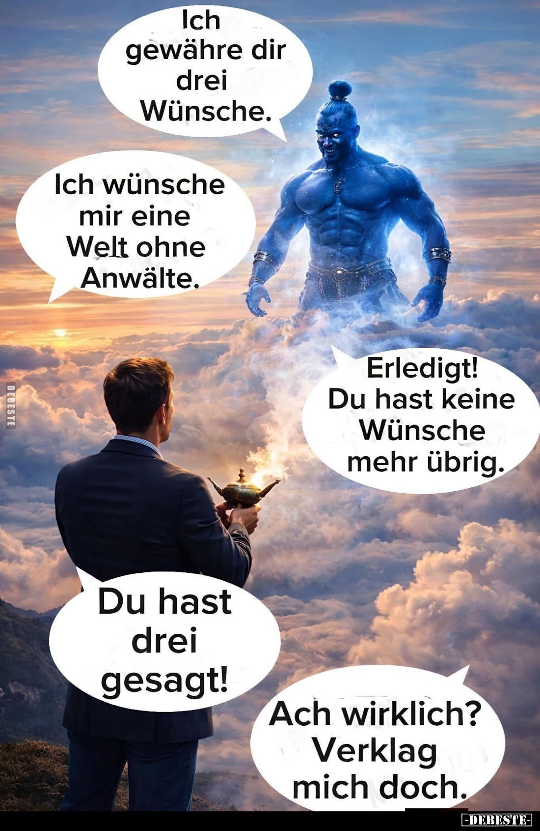 Ich gewähre dir drei Wünsche. -
Ich wünsche mir eine Welt ohne Anwälte. -
Erledigt! Du hast keine Wünsche mehr übrig. -
Du...