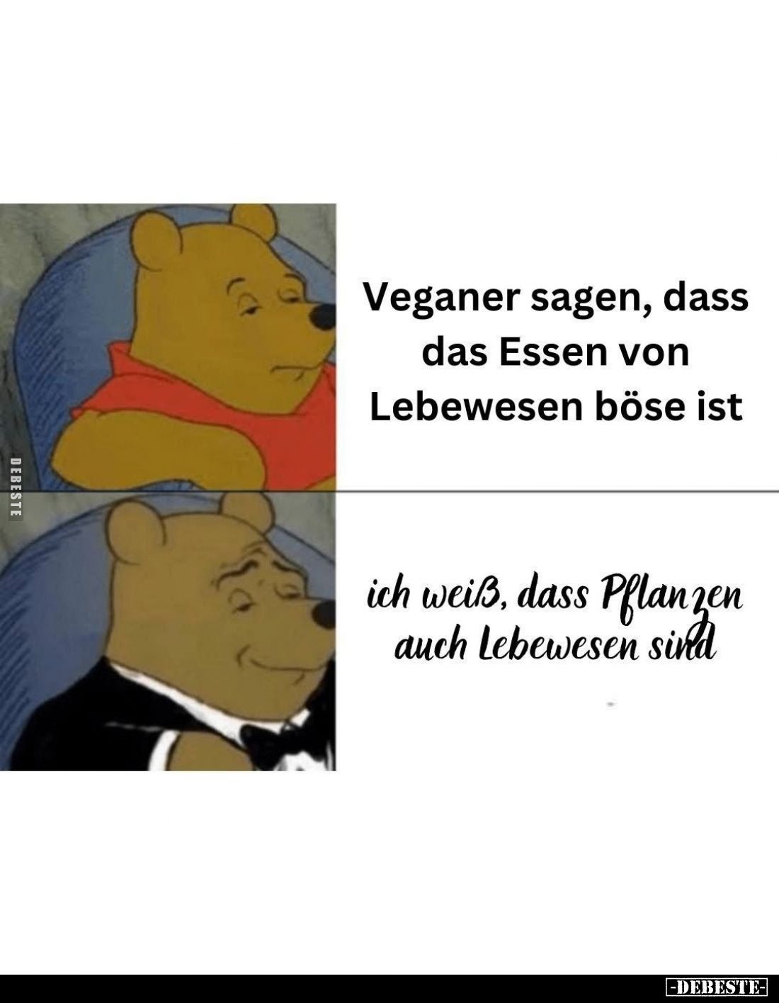 Veganer sagen, dass das Essen von Lebewesen böse ist. -
ich weiß, dass Pflanzen auch Lebewesen sind.