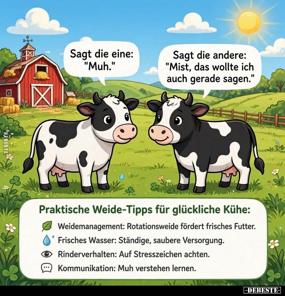 Sagt die eine: "Muh." -
Sagt die andere: "Mist, das wollte ich auch gerade sagen." -
Praktische Weide-T...