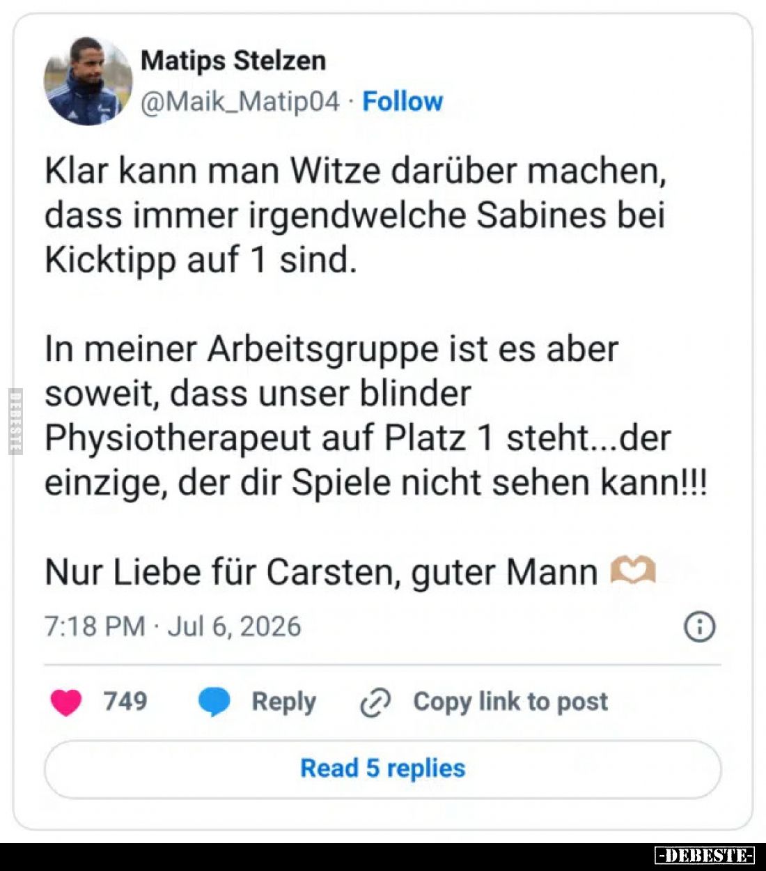 Klar kann man Witze darüber machen, dass immer irgendwelche Sabines bei Kicktipp auf 1 sind.

In meiner Arbeitsgruppe ist e...