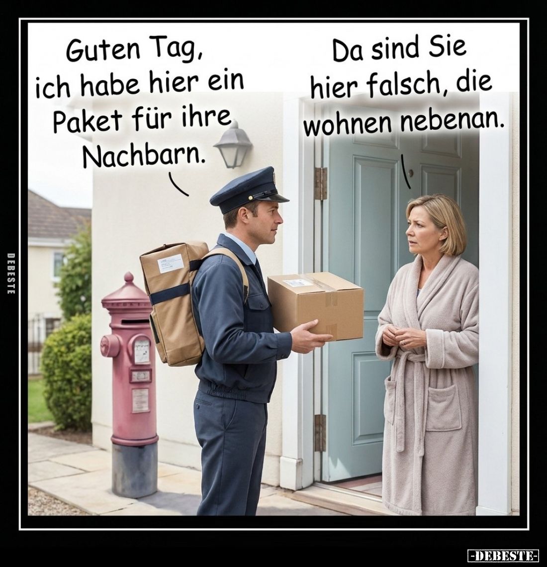 Guten Tag, ich habe hier ein Paket für ihre Nachbarn. -
Da sind Sie hier falsch, die wohnen nebenan.