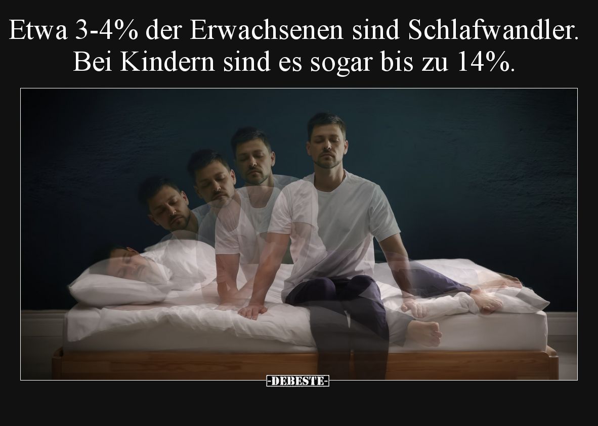Etwa 3-4% der Erwachsenen sind Schlafwandler.
Bei Kindern sind es sogar bis zu 14%.