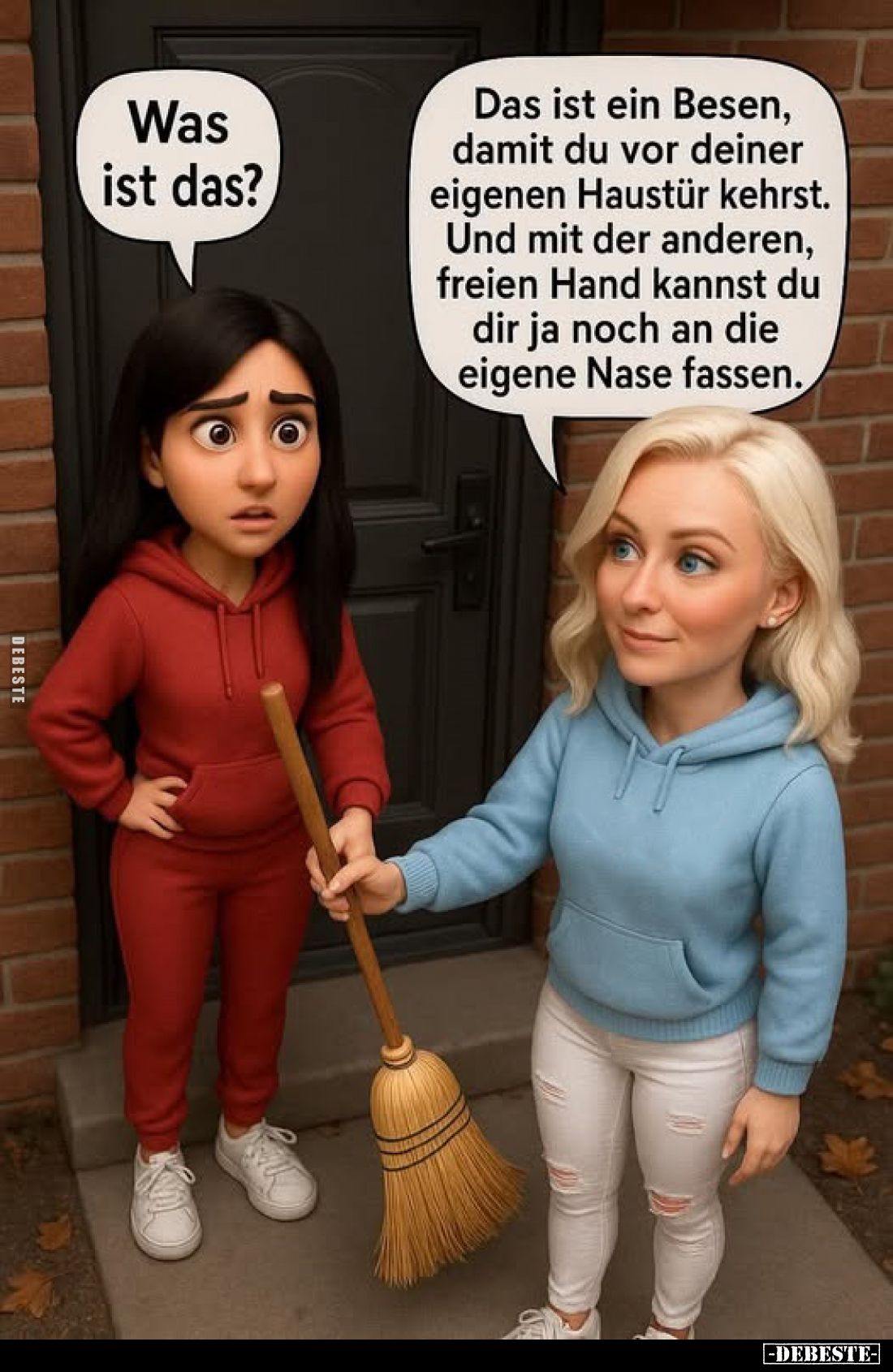 Was ist das?
-
Das ist ein Besen, damit du vor deiner eigenen Haustür kehrst.
Und mit der anderen, freien Hand kannst du d...