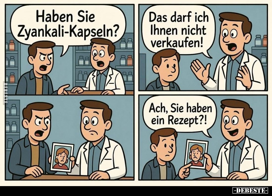 Haben Sie Zyankali-Kapseln? -
Das darf ich Ihnen nicht verkaufen!
-
Ach, Sie haben ein Rezept?!