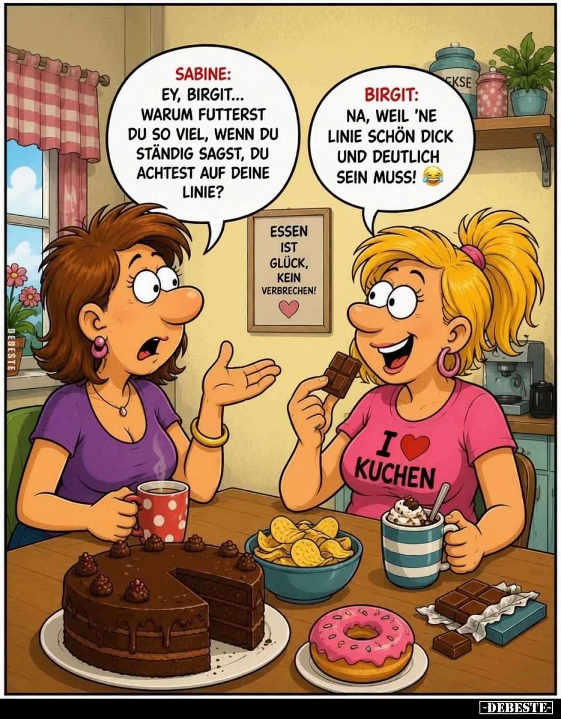 Ey, Birgit... warum futterst du so viel, wenn du ständig sagst, du achtest auf deine Linie?
-
Na, weil 'ne Linie schön dick...