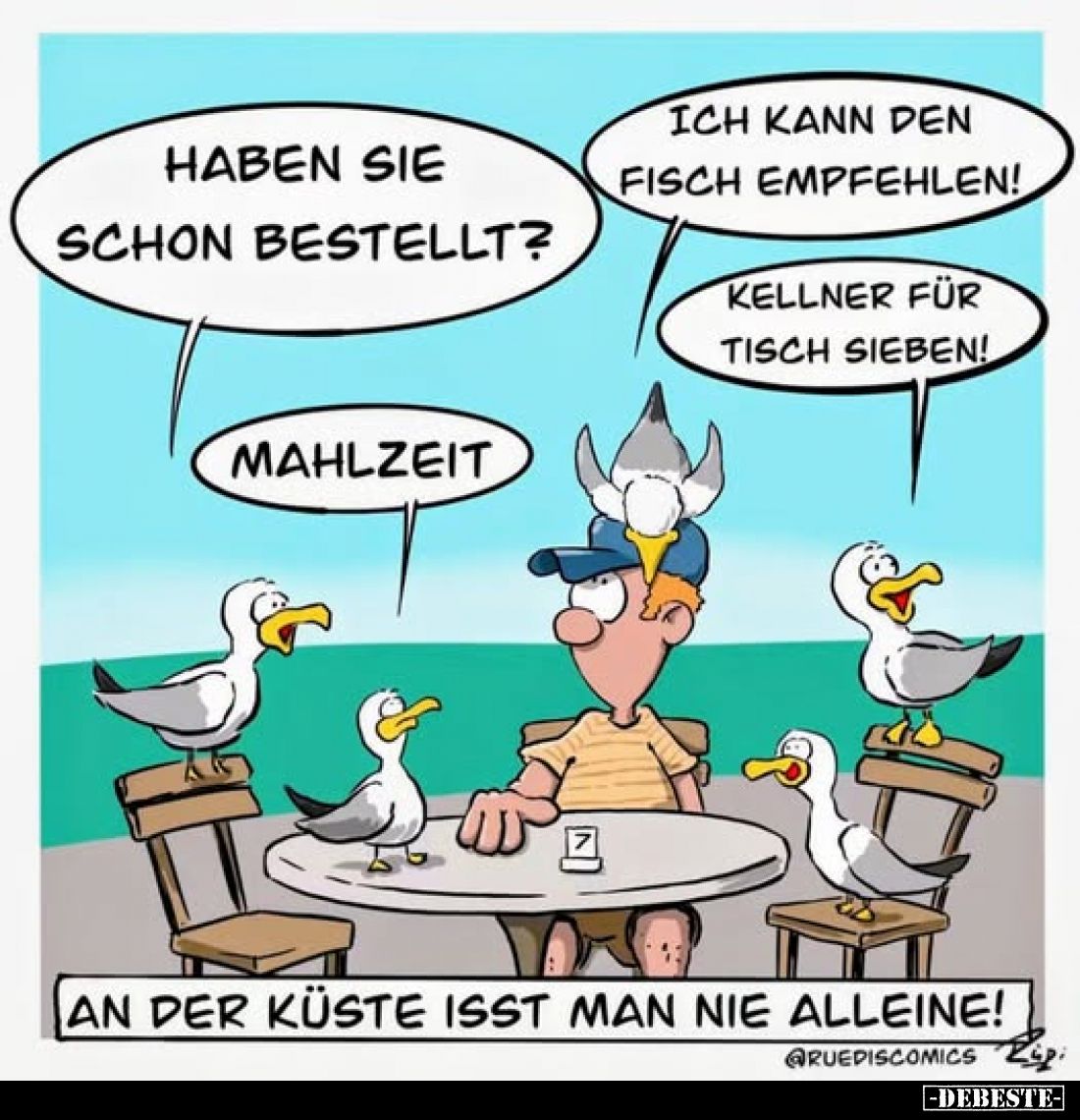 Haben Sie schon bestellt?
-
Ich kann den Fisch empfehlen!
-
Kellner für Tisch sieben!
-
Mahlzeit
-
An der Küste isst ...