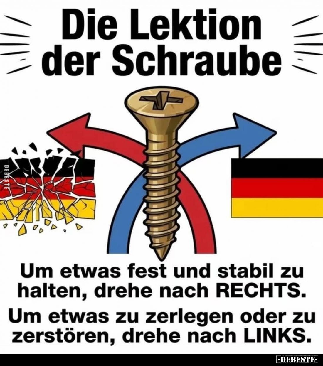Die Lektion der Schraube.
Um etwas fest und stabil zu halten, drehe nach RECHTS.
Um etwas zu zerlegen oder zu zerstören, dr...