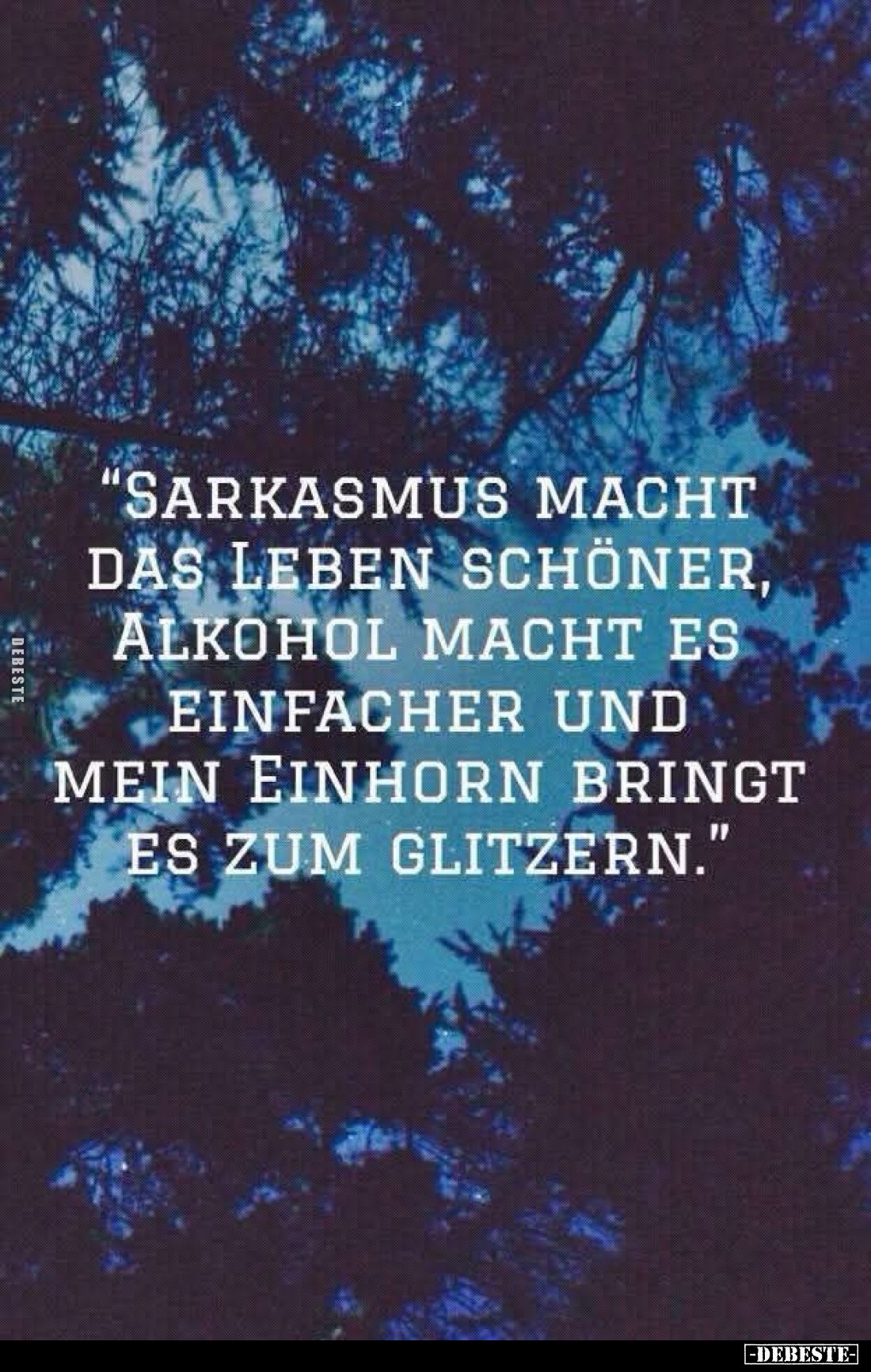 "Sarkasmus macht das Leben schöner, Alkohol macht es einfacher und mein Einhorn bringt es zum glitzern."