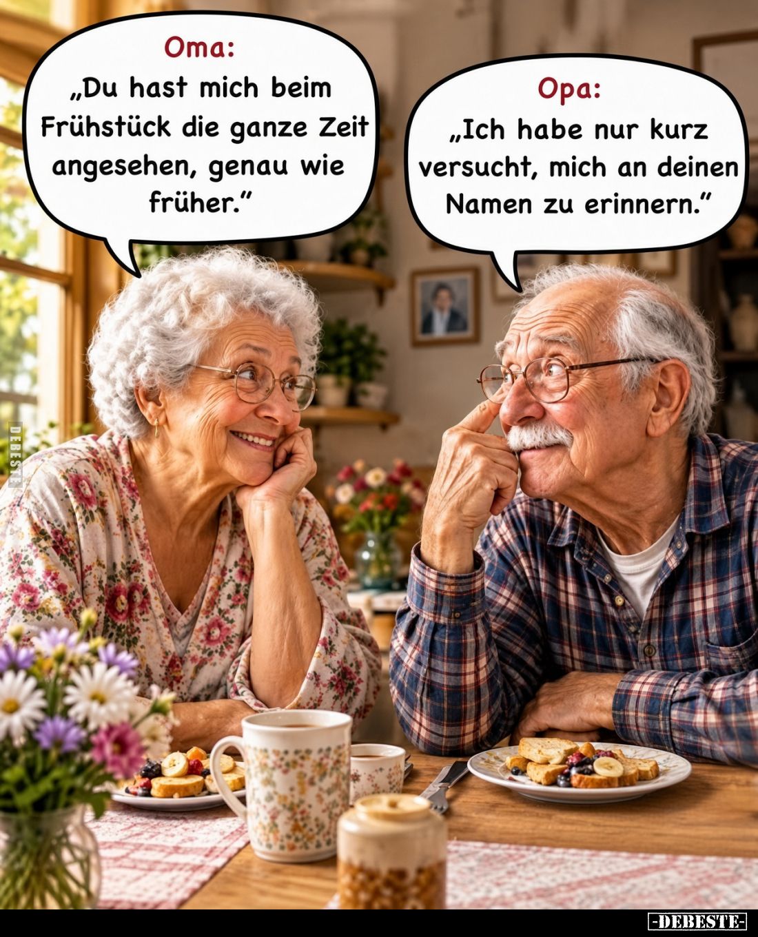 Oma:
„Du hast mich beim Frühstück die ganze Zeit angesehen, genau wie früher.“
-
Opa:
„Ich habe nur kurz versucht, mich a...