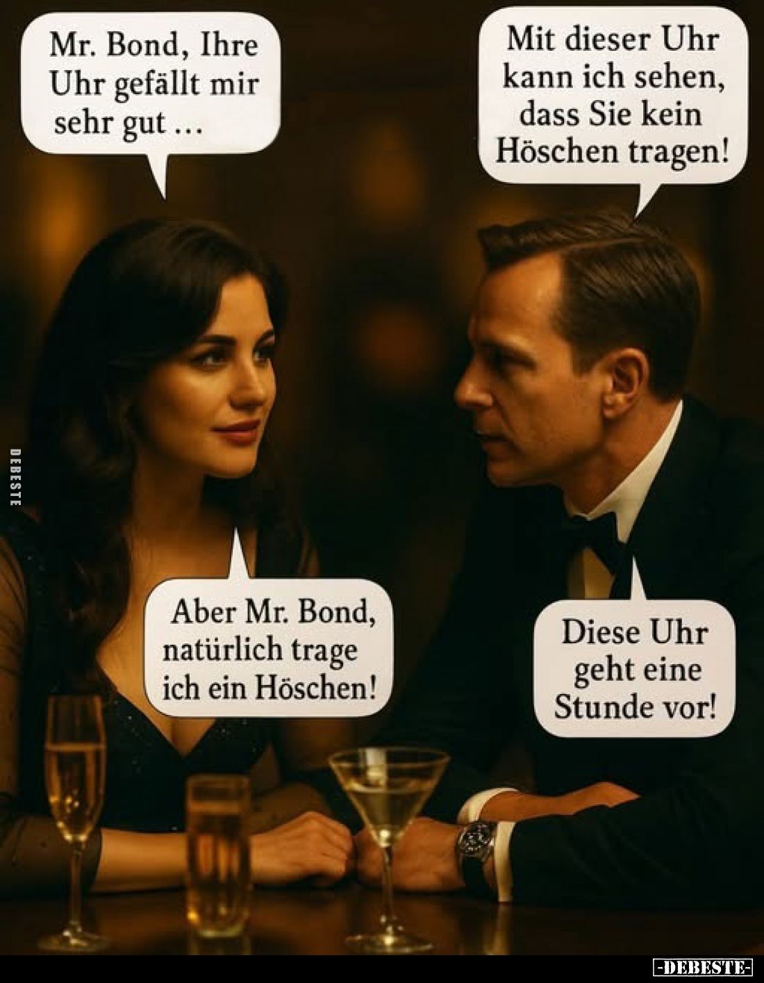 Mr. Bond, Ihre Uhr gefällt mir sehr gut...

Mit dieser Uhr kann ich sehen, dass Sie kein Höschen tragen!
Aber Mr. Bond, na...