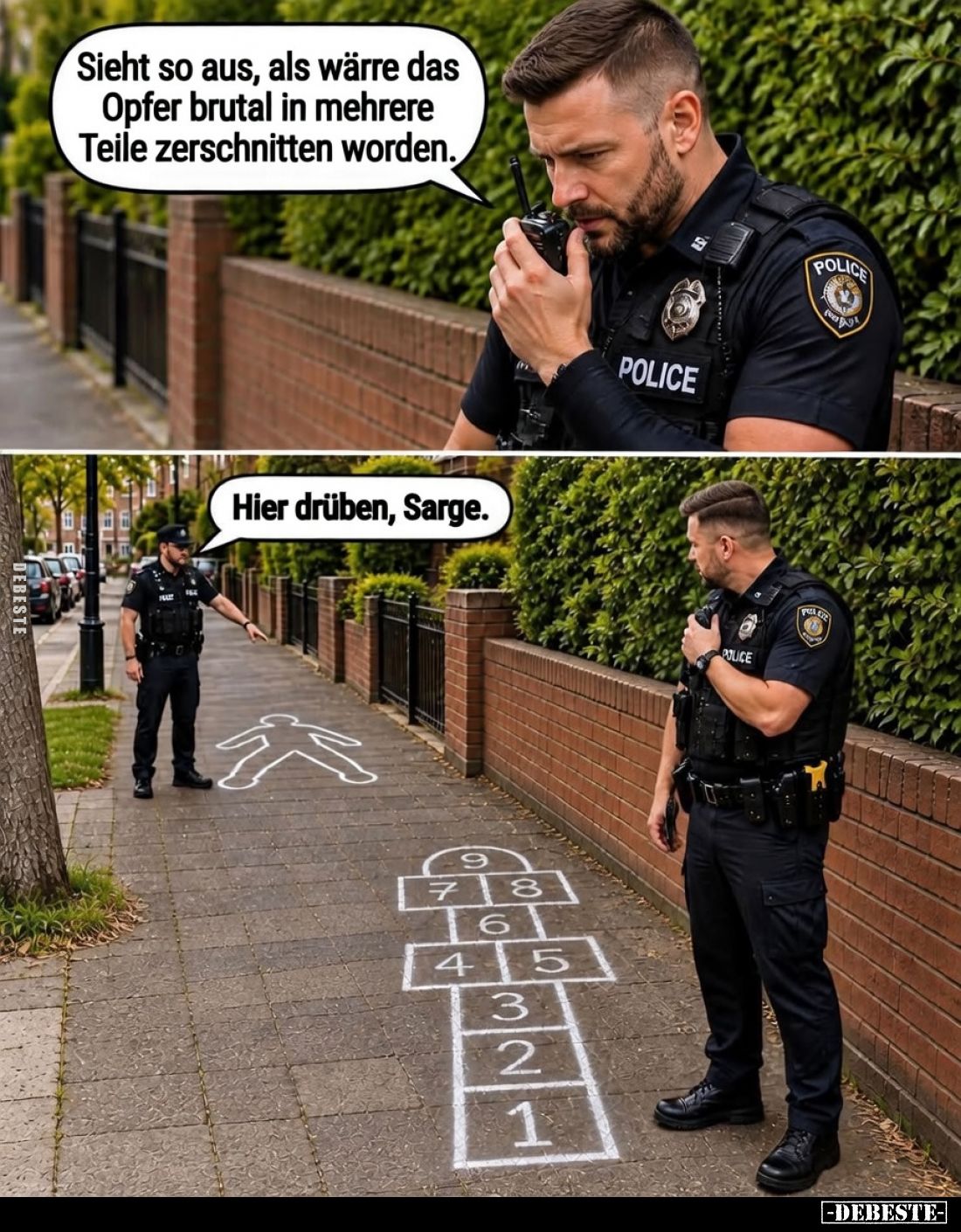 „Sieht so aus, als wäre das Opfer brutal in mehrere Teile zerschnitten worden.“

„Hier drüben, Sarge.“