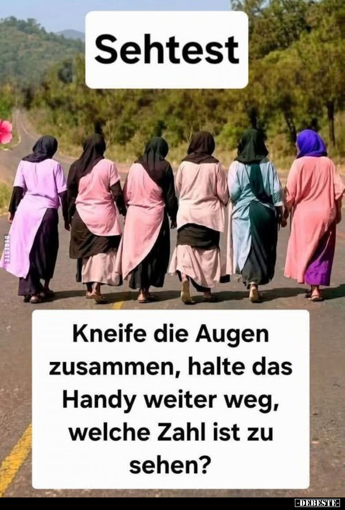 Sehtest:
Kneife die Augen zusammen, halte das Handy weiter weg, welche Zahl ist zu sehen?