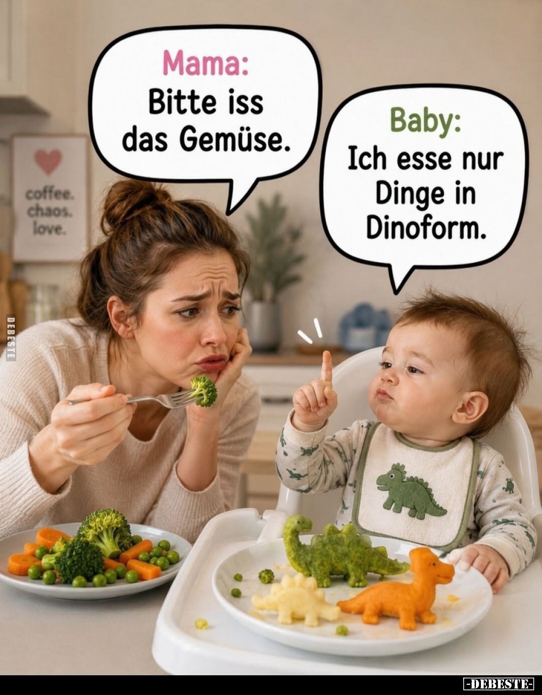 Bitte iss das Gemüse.
-
Ich esse nur Dinge in Dinoform.