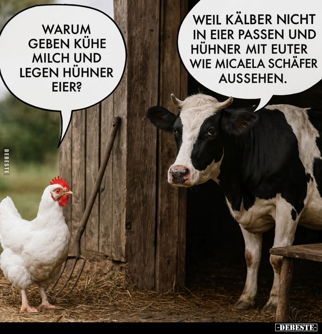 Warum geben Kühe Milch und legen Hühner Eier?
- Weil Kälber nicht in Eier passen und Hühner mit Euter wie Micaela Schäfer au...