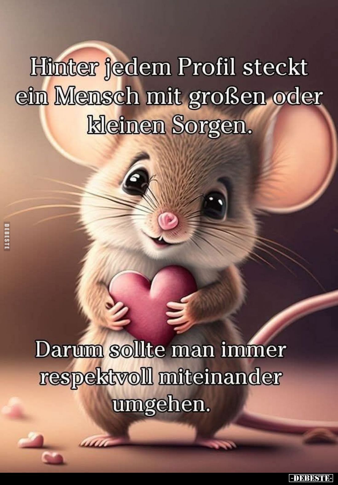 Hinter jedem Profil steckt ein Mensch mit großen oder kleinen Sorgen.
Darum sollte man immer respektvoll miteinander umgehen...