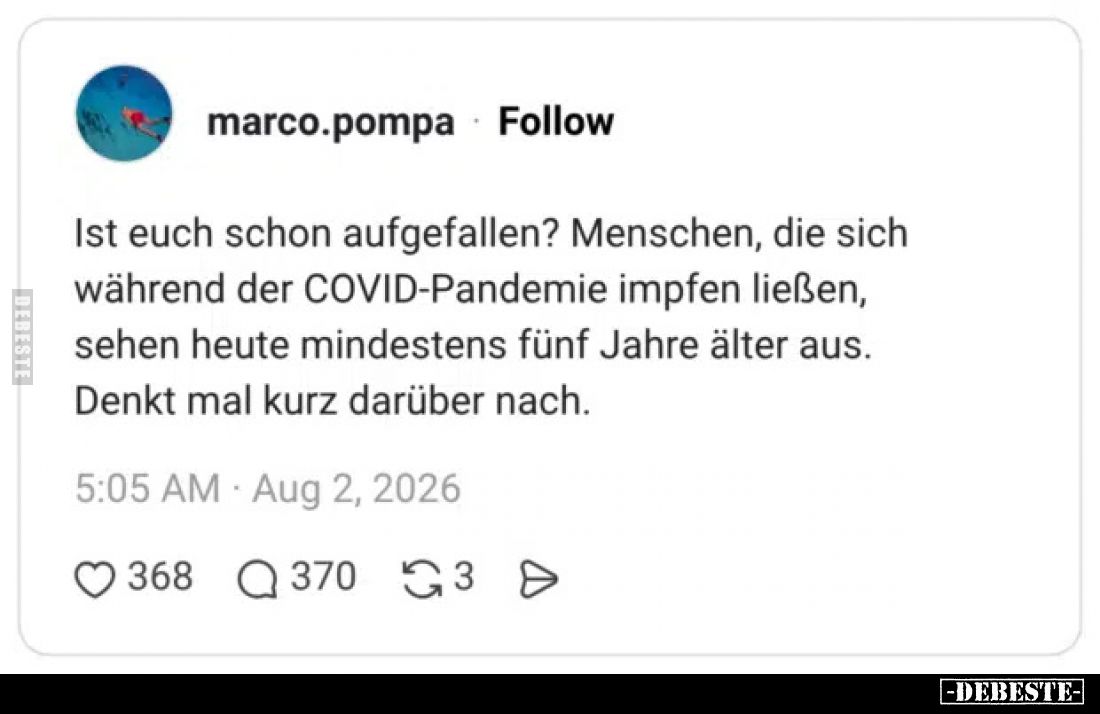 Ist euch schon aufgefallen?
Menschen, die sich während der COVID-Pandemie impfen ließen, sehen heute mindestens fünf Jahre ä...