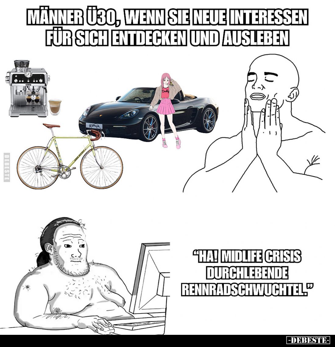 Männer Ü30, wenn sie neue Interessen für sich entdecken und ausleben

„Ha! Midlife Crisis durchlebende Rennradschwuchtel.&q...
