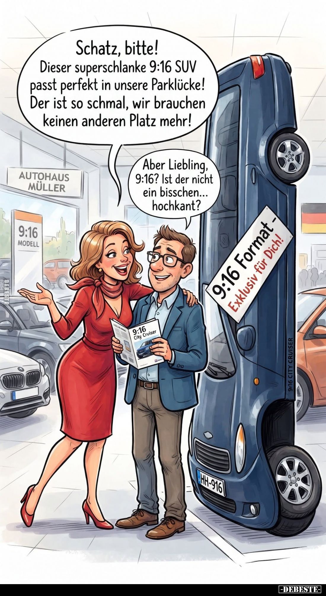 Schatz, bitte!
Dieser superschlanke 9:16 SUV passt perfekt in unsere Parklücke!
Der ist so schmal, wir brauchen keinen ande...