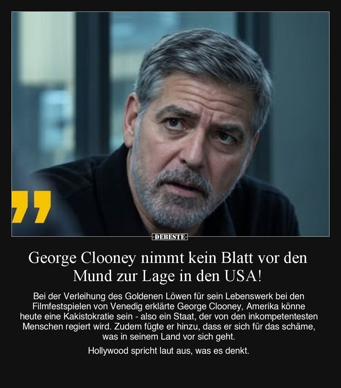 George Clooney nimmt kein Blatt vor den Mund zur Lage in den USA!

Bei der Verleihung des Goldenen Löwen für sein Lebenswer...