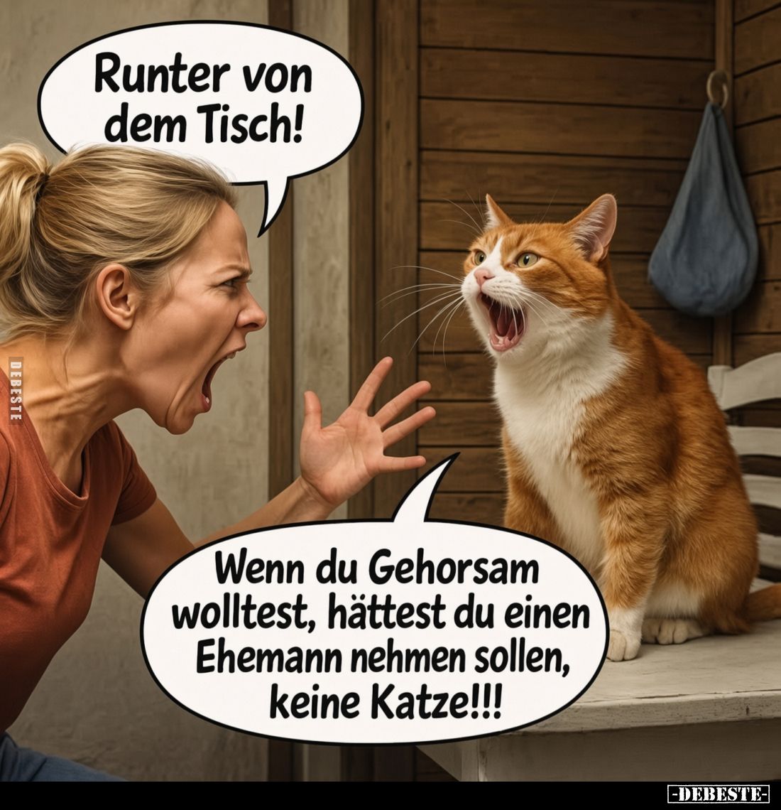 Runter von dem Tisch! Wenn du Gehorsam wolltest, hättest du einen Ehemann nehmen sollen, keine Katze!!!