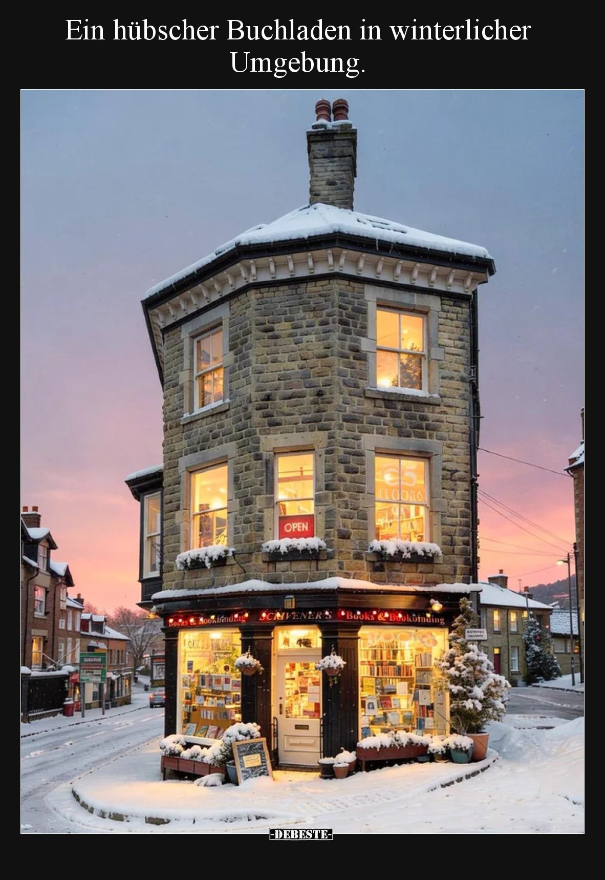 Ein hübscher Buchladen in winterlicher Umgebung.