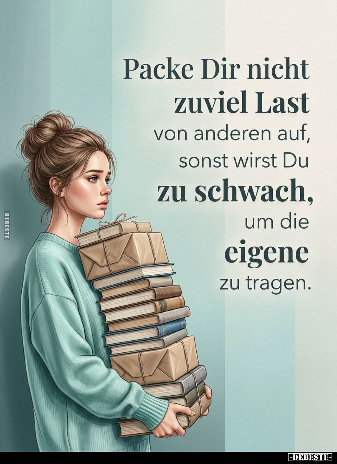 Packe Dir nicht
zu viel Last
von anderen auf,
sonst wirst Du
zu schwach,

um die
eigene
zu tragen.